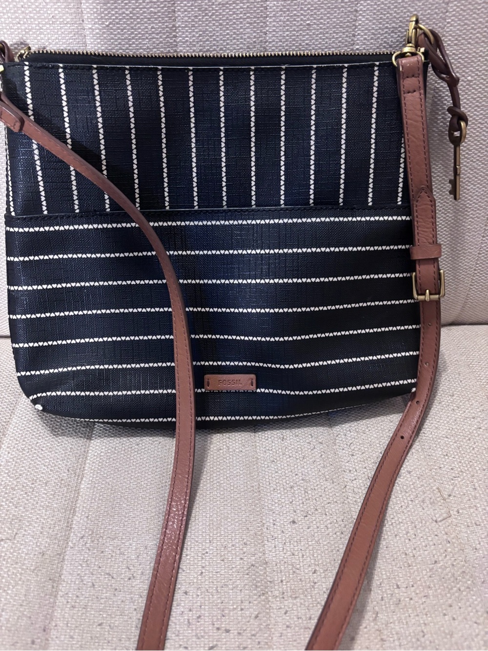 Fossil Black & White Striped Crossbody with Brown Strap